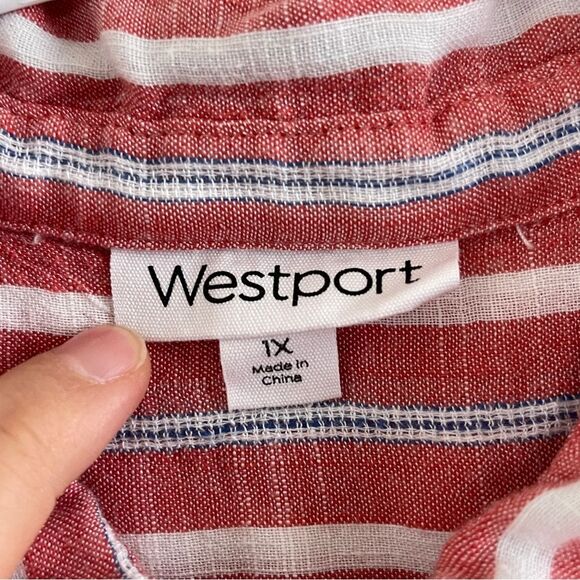 Westport Button Up Blouse Short Rolled Sleeve 1x Red White Blue Stripes - Picture 3 of 4